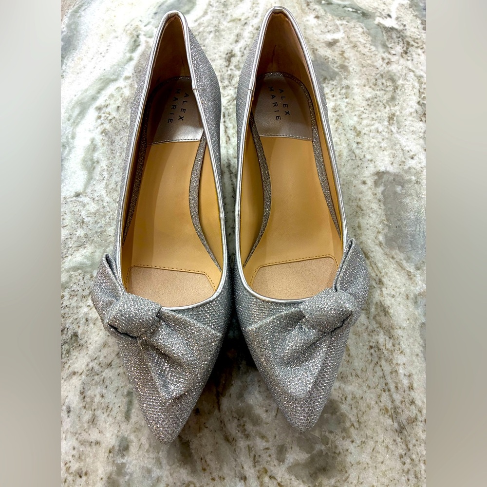 Alex Marie Shimmering Silver Bow kitten heels.